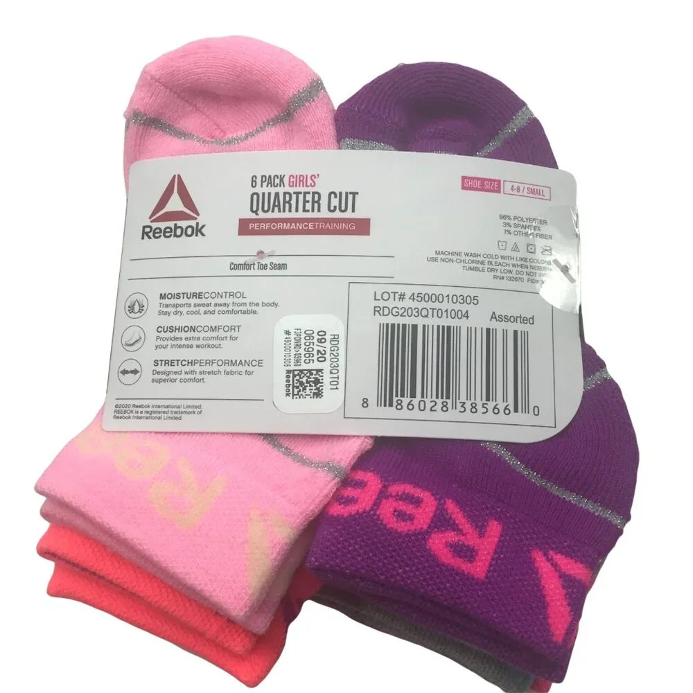 6 Pack Reebok Girl's Quarter Cut Socks Assorted Colors Size Small Shoe 4-8 New